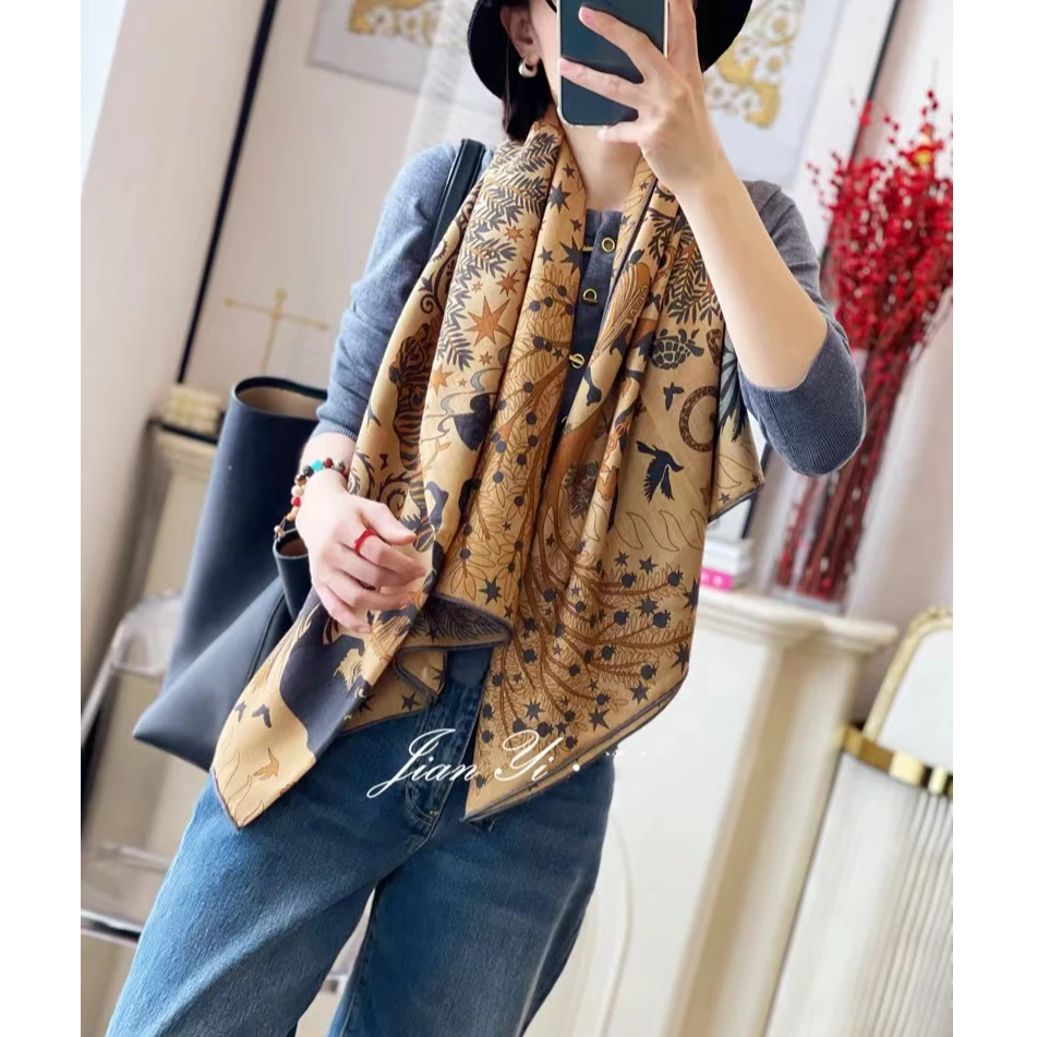 植物园真丝羊毛围脖秋冬130大方巾高端长款围巾披肩轻奢保暖冬季