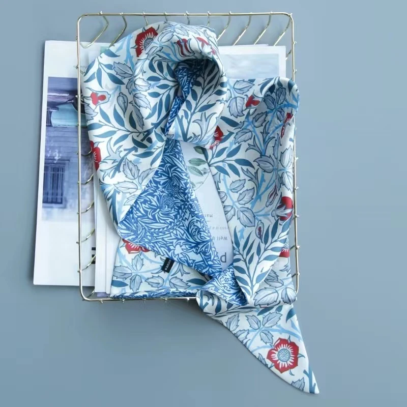 桑蚕丝丝巾斜纹小碎花图案女柳叶巾蓝色飘带发带时尚女士夏季薄款