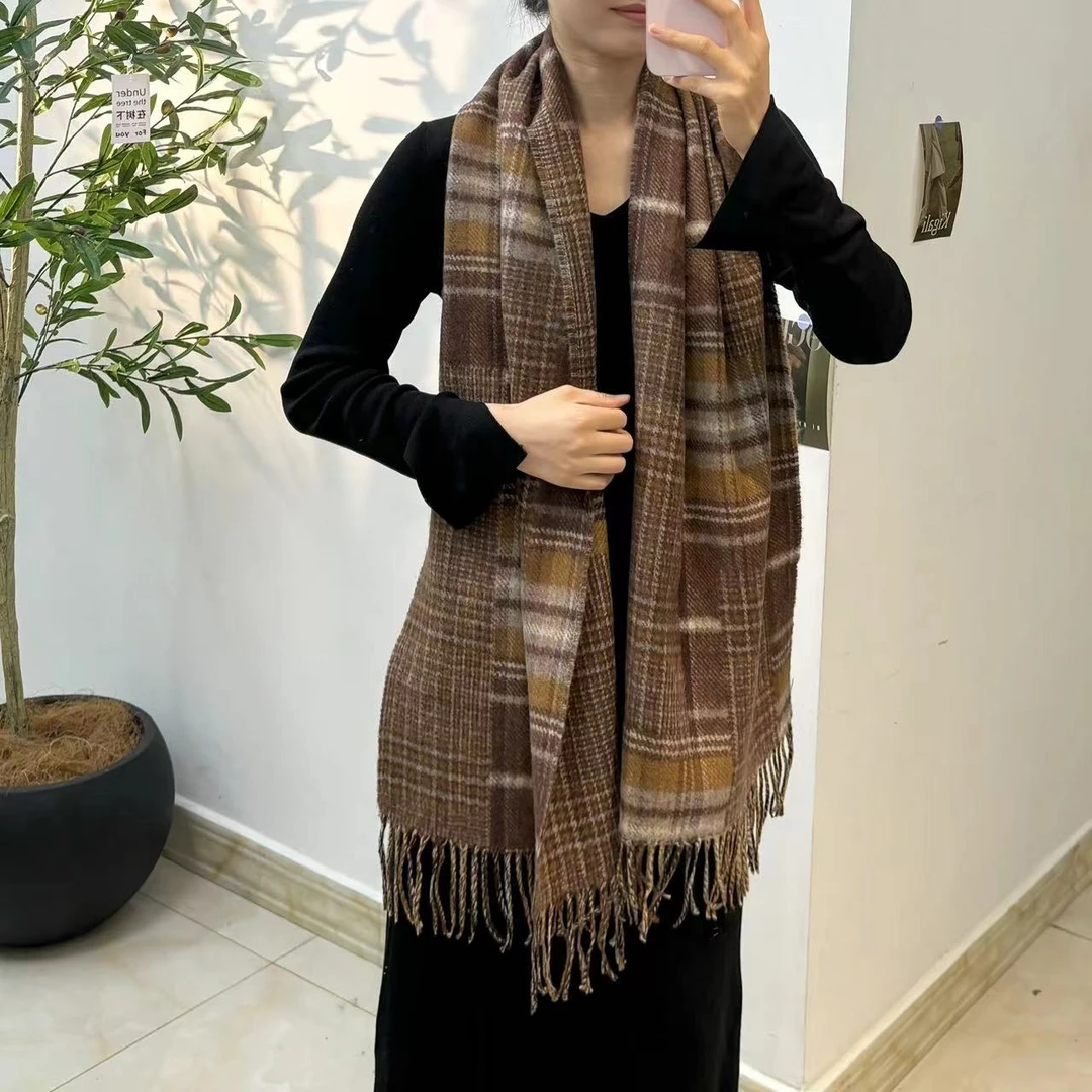 逐梦鸟百搭双面异色100％羊毛围巾丝巾条纹格子长条巾184*39