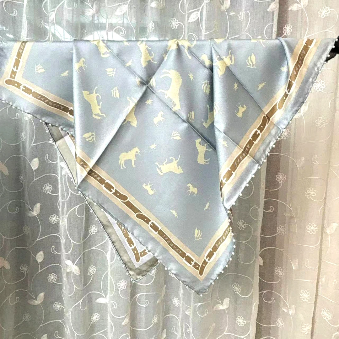 高档桑蚕丝丝巾女秋冬16姆米真丝斜纹方巾女珍珠边小马62*65cm