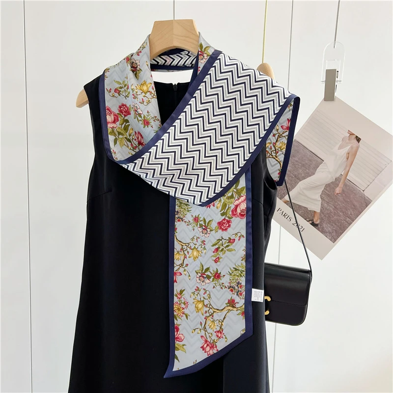 真丝丝巾女韩版百搭碎花长款斜角桑蚕丝双层双面印花领巾飘带