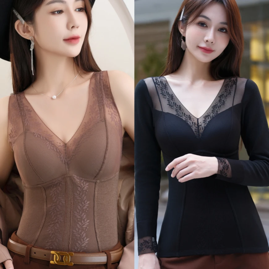 长袖+短袖【组合装】带胸垫保暖内衣塑身背心收腹蕾丝打底上衣美体