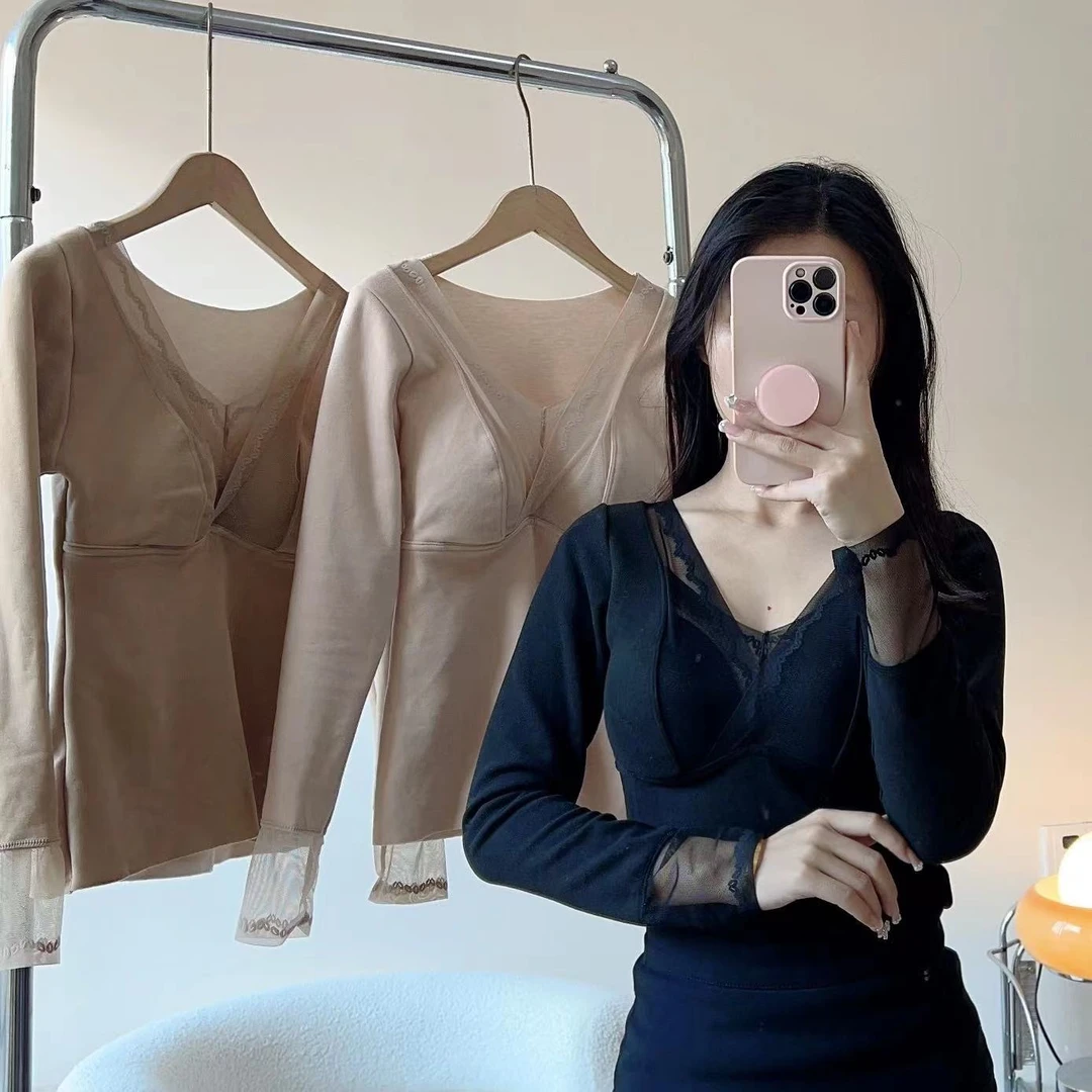 新款蚕丝蕾丝V领保暖长袖T恤女奢华性感内搭上衣带胸垫保暖打底衫