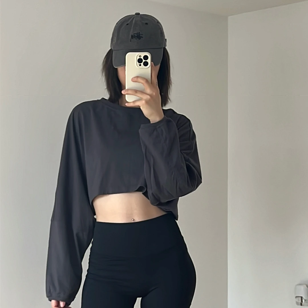 健身罩衫欧美圆领短款黑色韩版运动打底衫T桖ins长袖上衣宽松