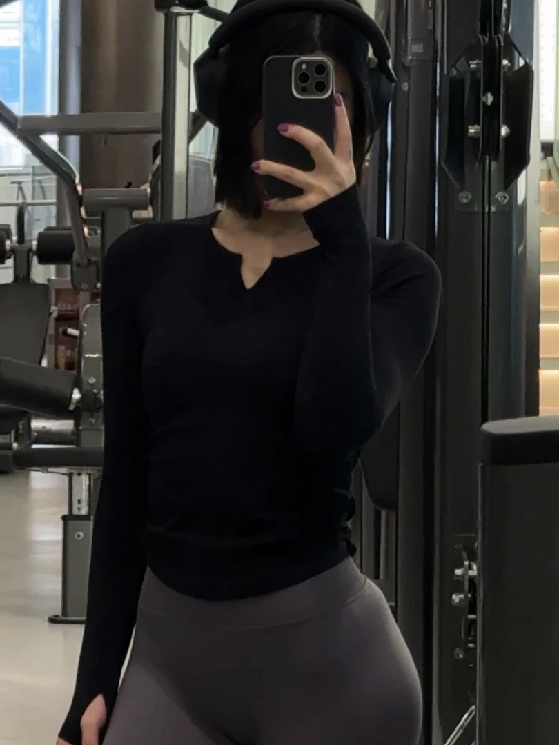 ALGAM CANDY亨利固定胸垫长袖运动瑜伽服紧身T恤跑步健身上衣裸感