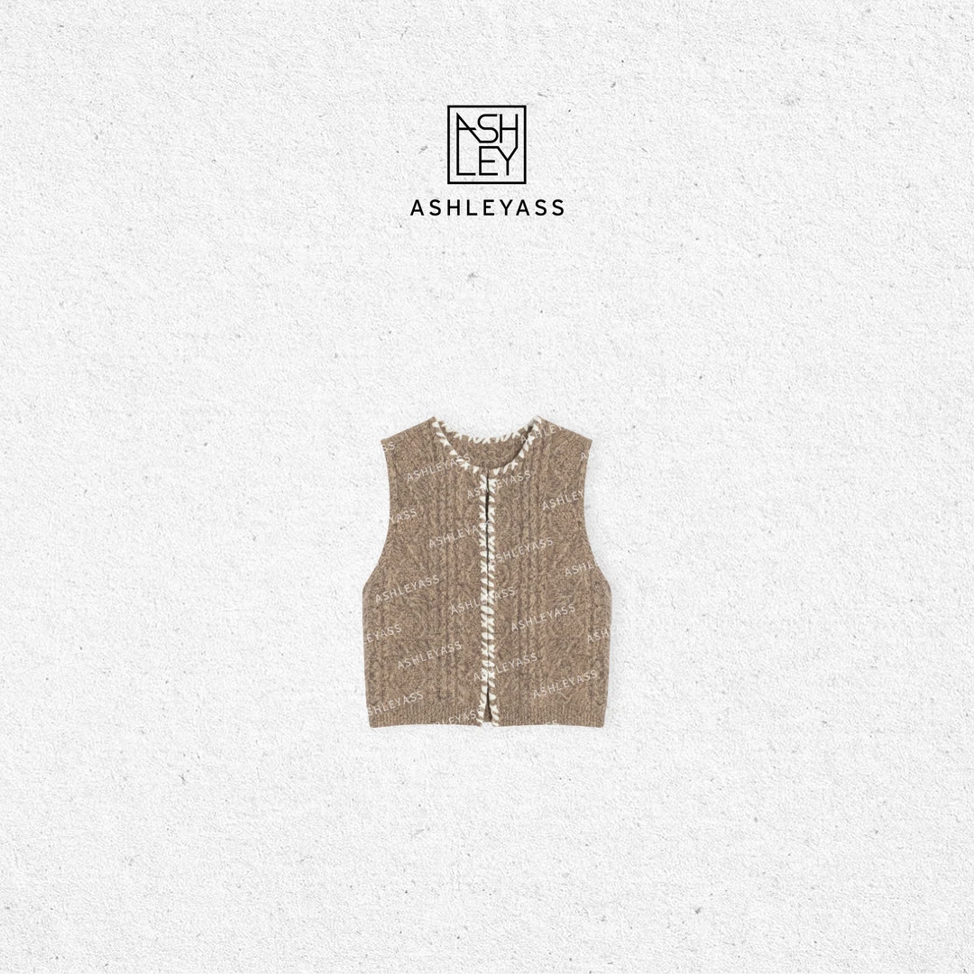 【ASHLEYASS】山羊绒针织浅咖色花纱马甲白色包边工艺LSS241740S
