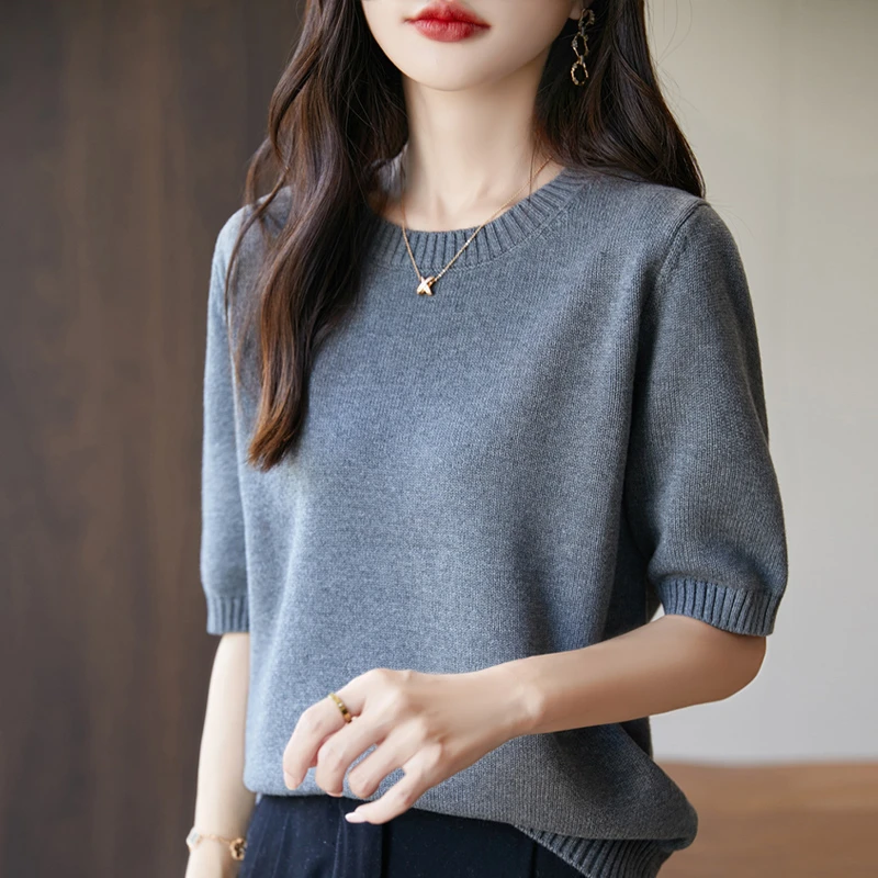 100精梳棉七针圆领秋冬打底毛衣女士短袖