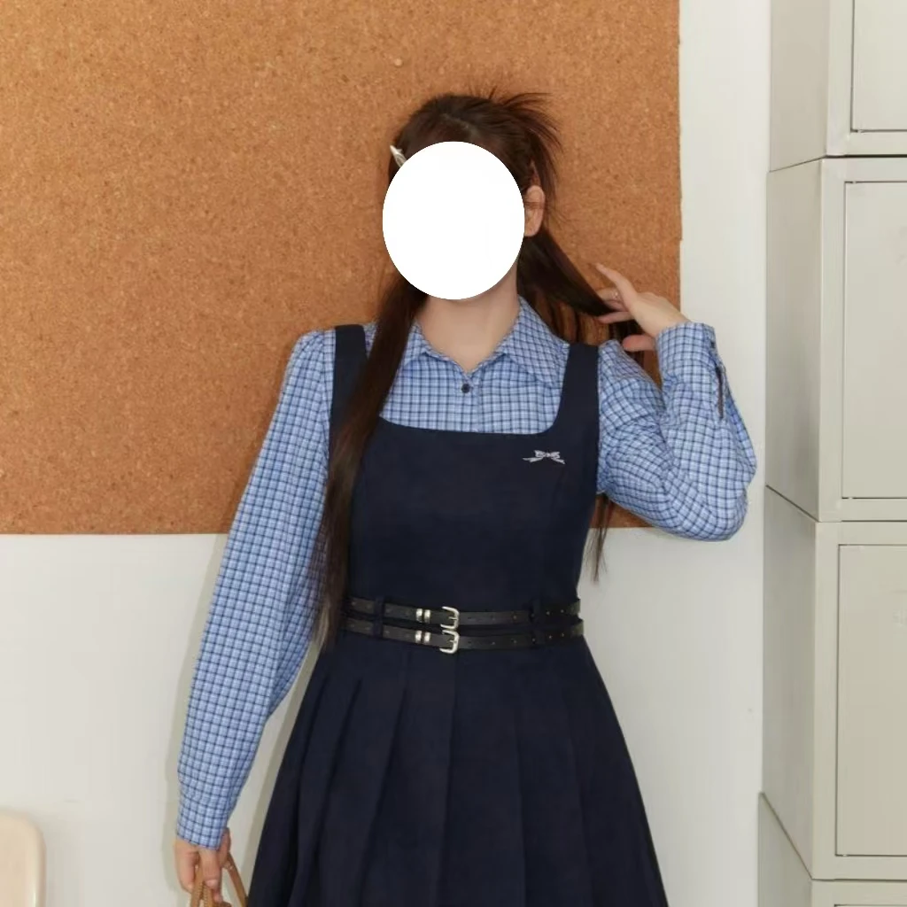 大码女装胖妹妹mm学院风减龄条纹衬衫减龄显瘦假两件冬款连衣裙