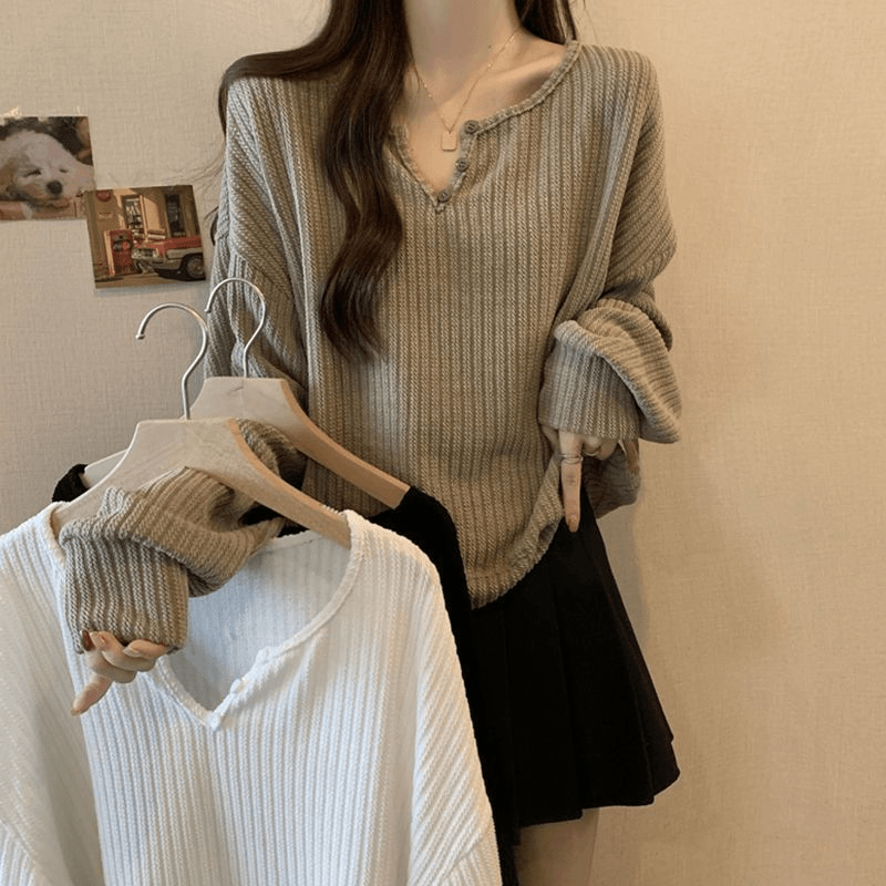 v领坑条螺纹打底衫T恤女春秋冬季内搭新款宽松显瘦大码中长款上衣