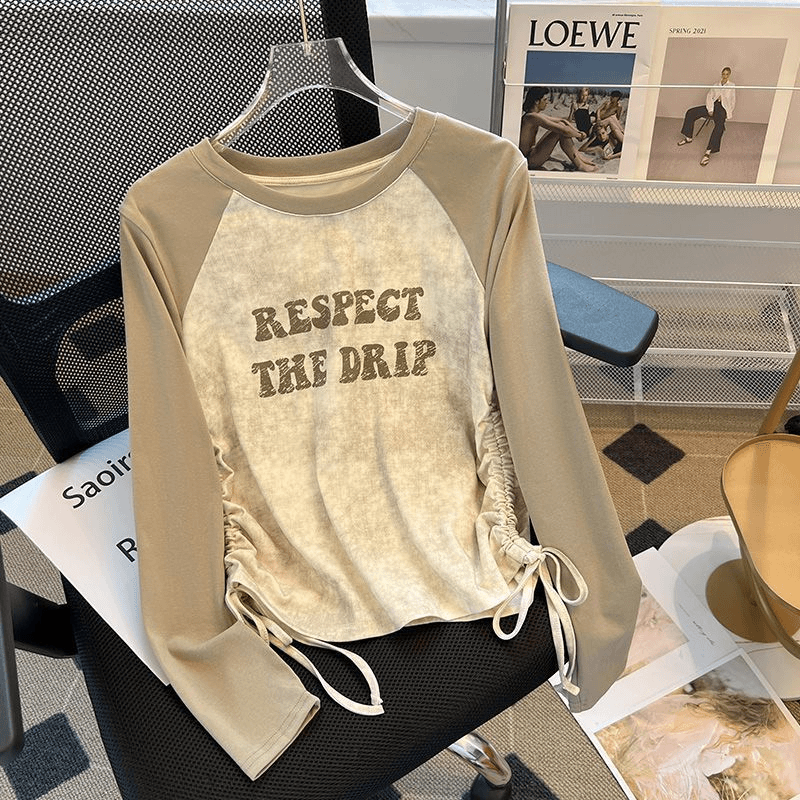 字母印花抽绳长袖t恤女春秋季2023新款韩版宽松显瘦扎染上衣女ins