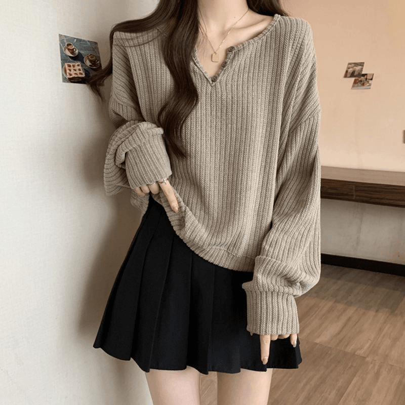 v领坑条螺纹打底衫T恤女春秋冬季内搭新款宽松显瘦大码中长款上衣