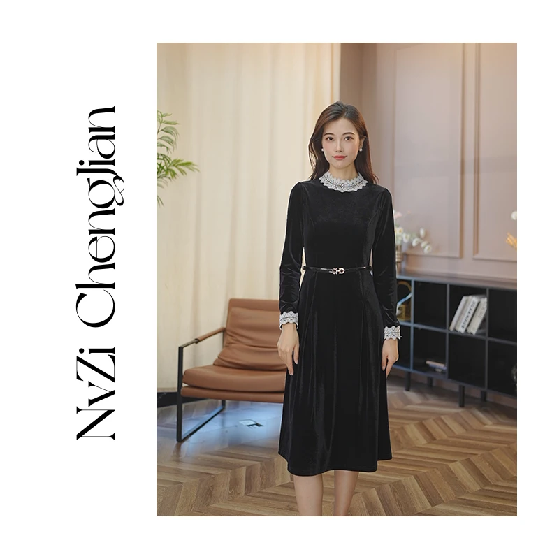 女子成鉴 秋冬时尚蕾丝花边高雅丝绒连衣裙S1160687J