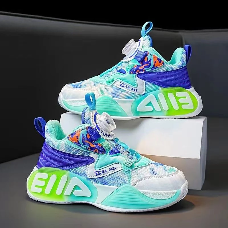 巴朵拉儿童篮球鞋男童运动鞋子春秋2023新款小学生球鞋旋转纽扣网