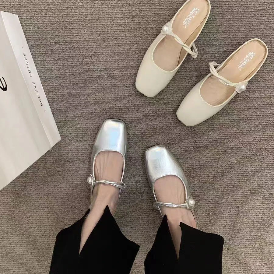 法式温柔半拖鞋平底鞋女包头一脚蹬软底银色玛丽珍女鞋气质一字拖