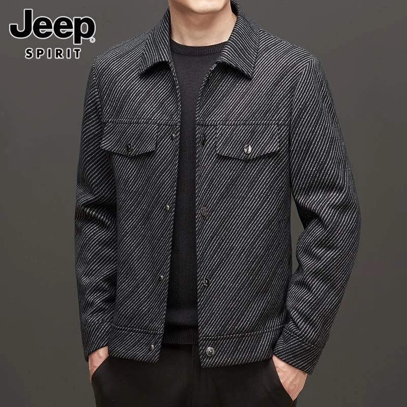 【高品质】Jeep吉普男士毛呢大衣冬季商务条纹翻领短款羊毛外套男