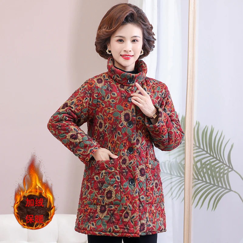 2024新款妈妈冬装中长款加绒加厚保暖棉衣中老年女装立领印花棉袄