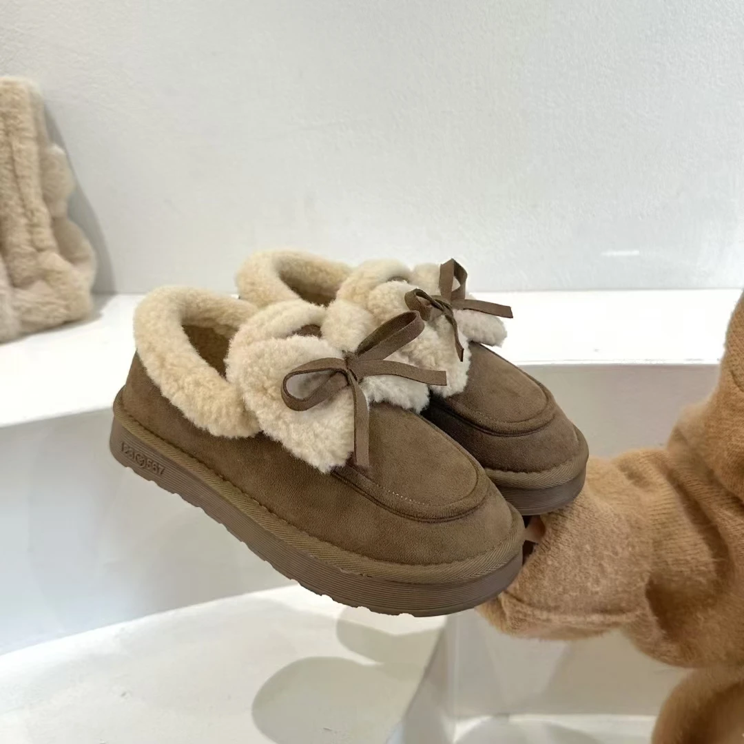 H16家257-26厚底加绒保暖毛毛鞋秋冬新款复古百搭蝴蝶结豆豆单鞋