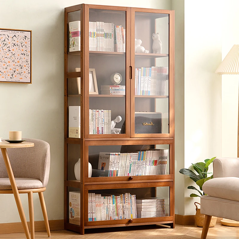 书柜现代简约带门防尘格子柜实木书架窄柜置物组合落地立柜储物柜