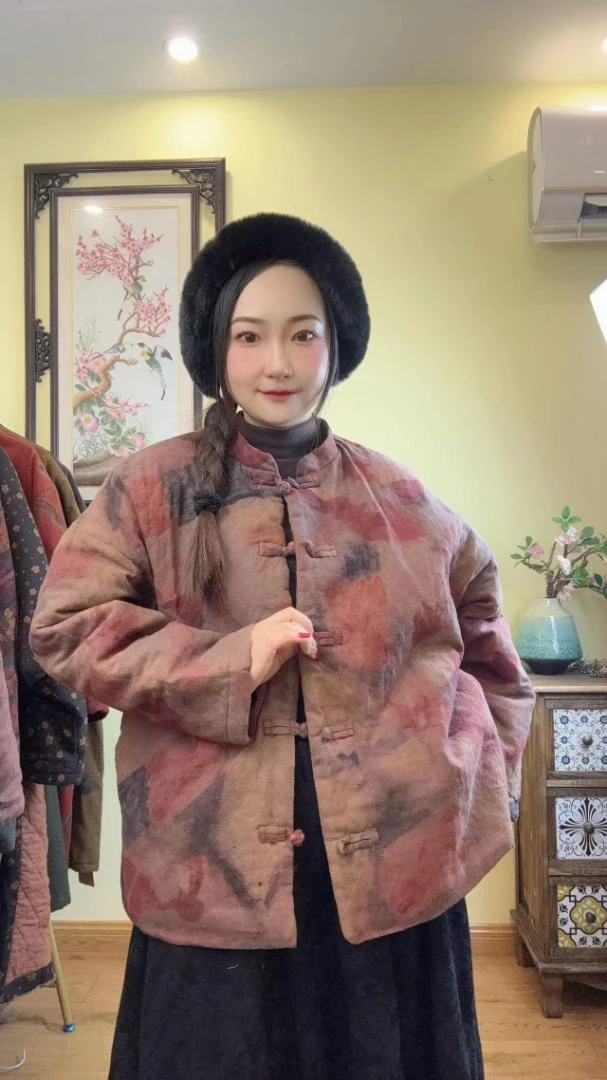 桃兮/新款气质短款对襟菱形格棉服