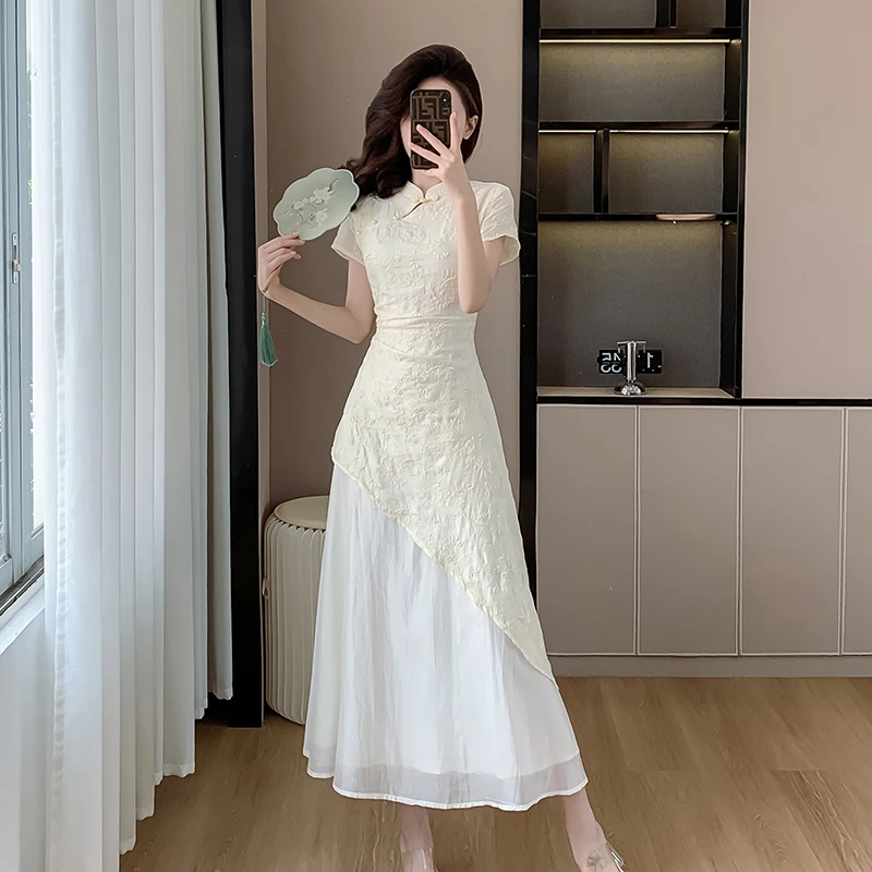 夏季新中式中国风时尚名媛气质收腰白色复古蕾丝中长款法式连衣裙