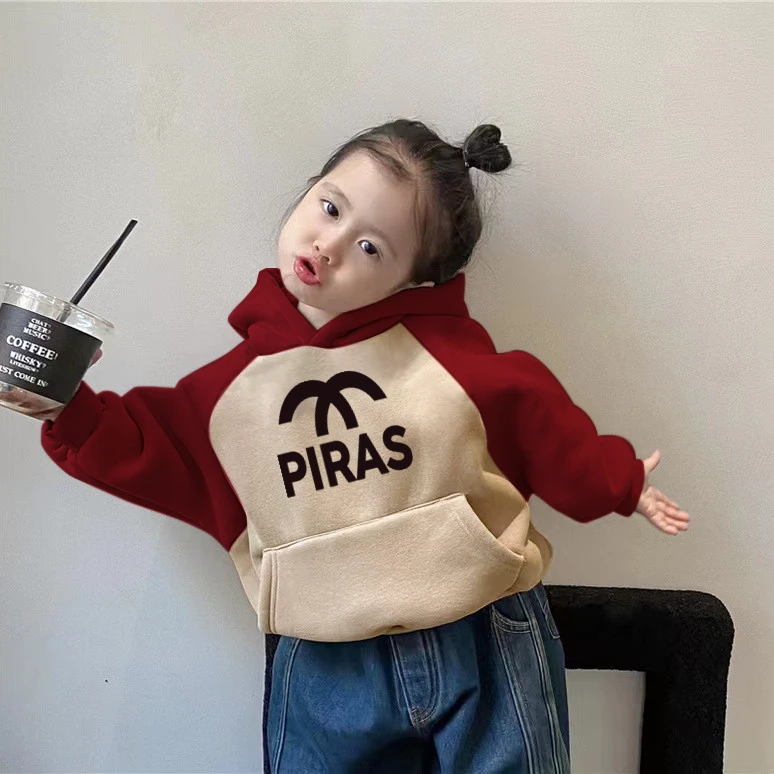 女童加绒卫衣秋冬款拼色印花长袖套头衫宝宝休闲宽松带帽子上衣潮