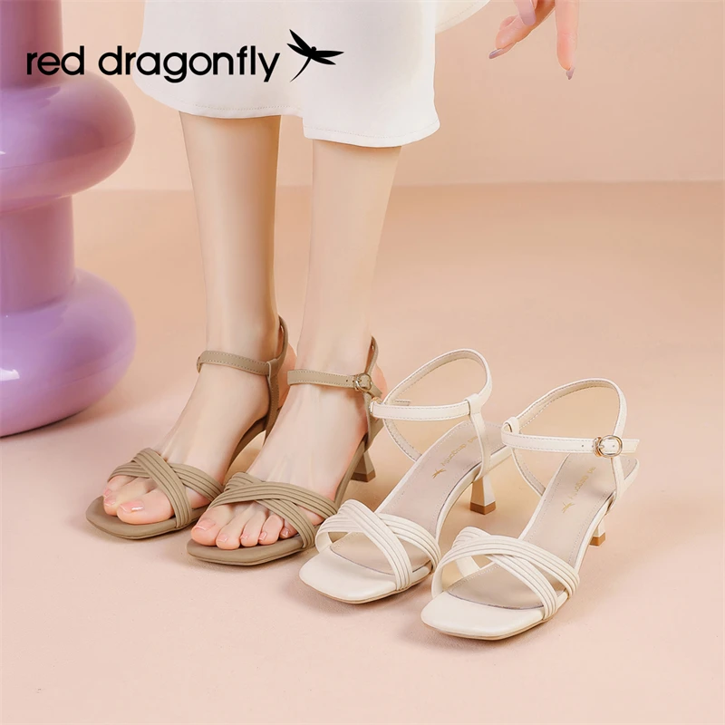 红蜻蜓时尚百搭夏季软底中跟时装优雅简约仙女风一字带方头凉鞋