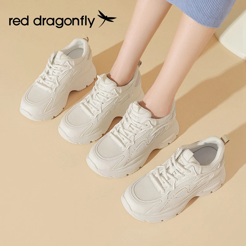 红蜻蜓女式时尚百搭夏季户外运动网面透气厚底潮流系带圆头休闲鞋