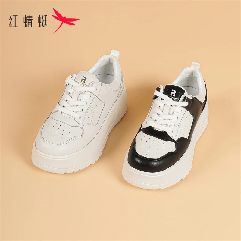 红蜻蜓女士夏季时尚薄款透气百搭潮流厚底低帮系带时尚休闲小白鞋