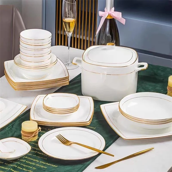 厨小亲60头金色浪漫碗碟家用景德镇陶瓷骨瓷乔迁餐具套装碗盘筷