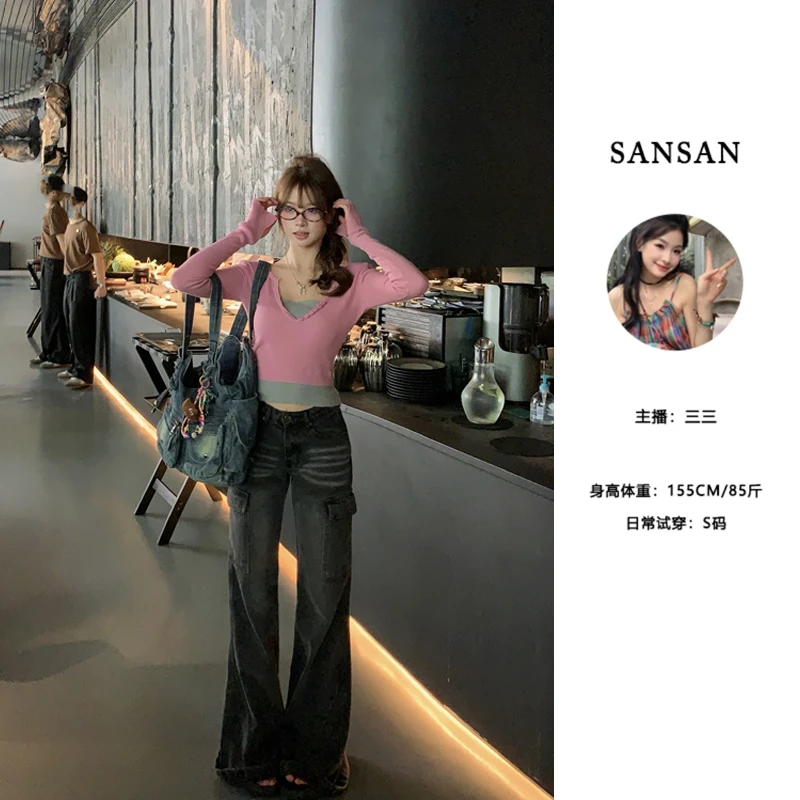 【三三】（绯红少女）纯欲辣妹假两件针织衫修身显瘦内搭打底衫秋季