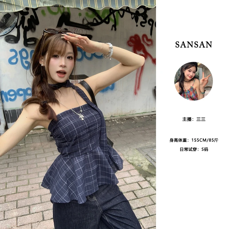 【三三】（加州辣妹）小个子格子无袖抹胸背心女夏季美式辣妹外穿上衣