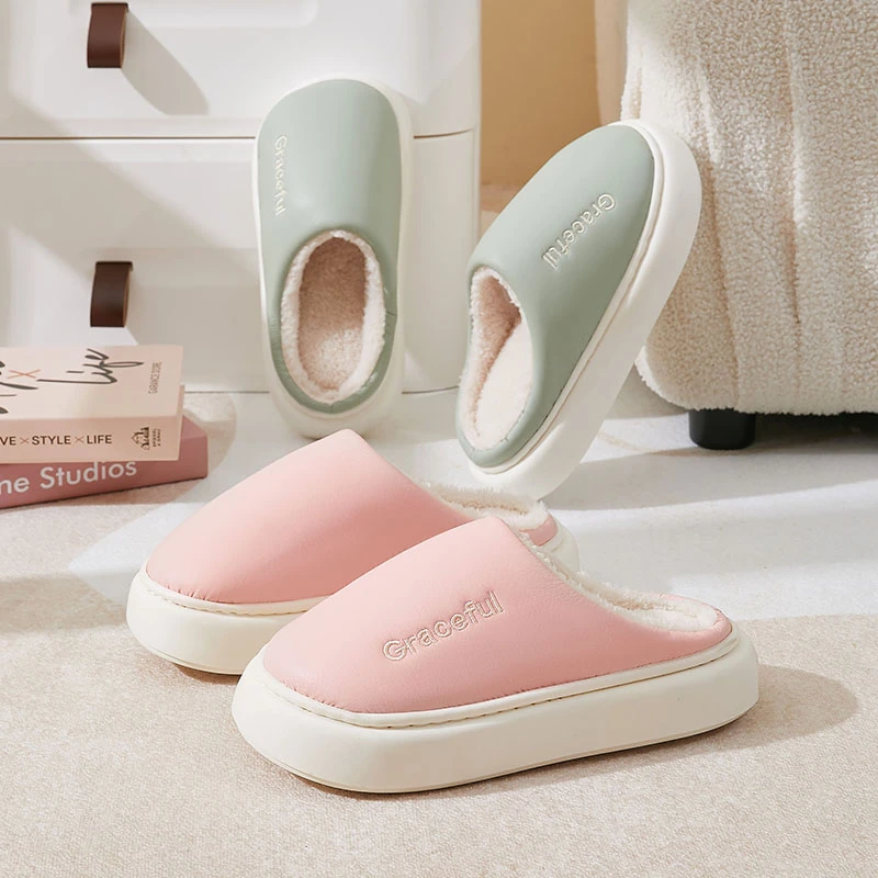 防水棉拖鞋女冬季新款包跟居家居加绒保暖加厚底外穿棉鞋男士家用