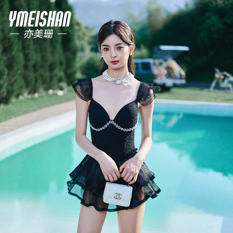 亦美珊【暗夜魅影】连体蕾丝修身显瘦遮肚游泳性感裙式夏季女士泳衣