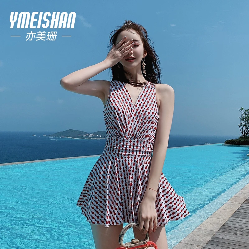 亦美珊【港风复古】时尚度假遮肚显瘦大码连体平角夏季裙式泳衣女款