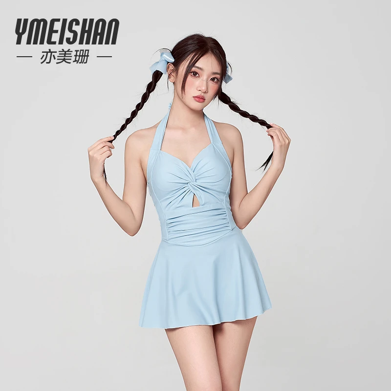 亦美珊时尚夏季度假网红款修身露背遮肚显瘦连体保守裙式女士泳衣