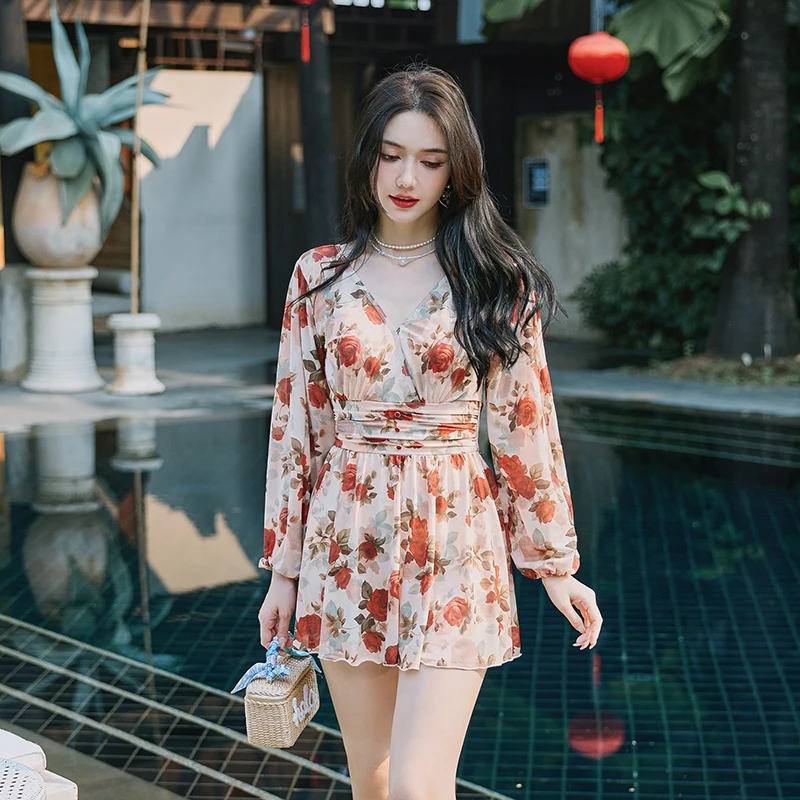 亦美珊【沙伦玫瑰】女古典性感遮肉显瘦修身长袖连体裙式中国风泳衣