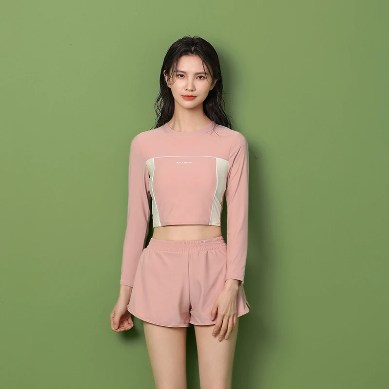 亦美珊【Y4038】女士运动泳衣短袖遮肚分体短裤时尚速干纯色游泳装