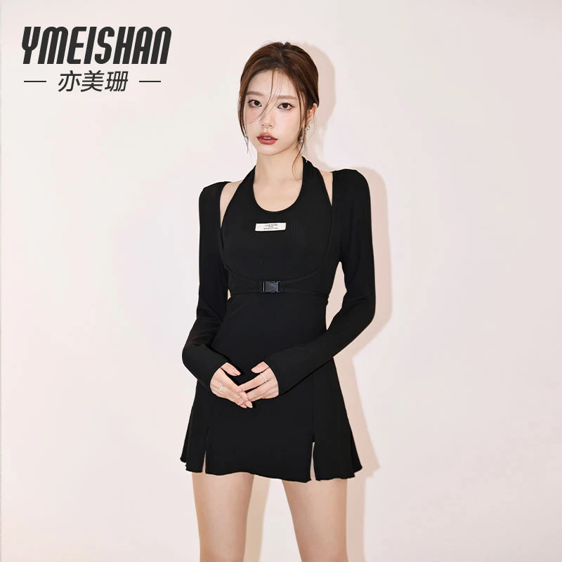 亦美珊【纯黑校园】韩版气质黑色收腰显瘦修身两件套连体运动款泳装