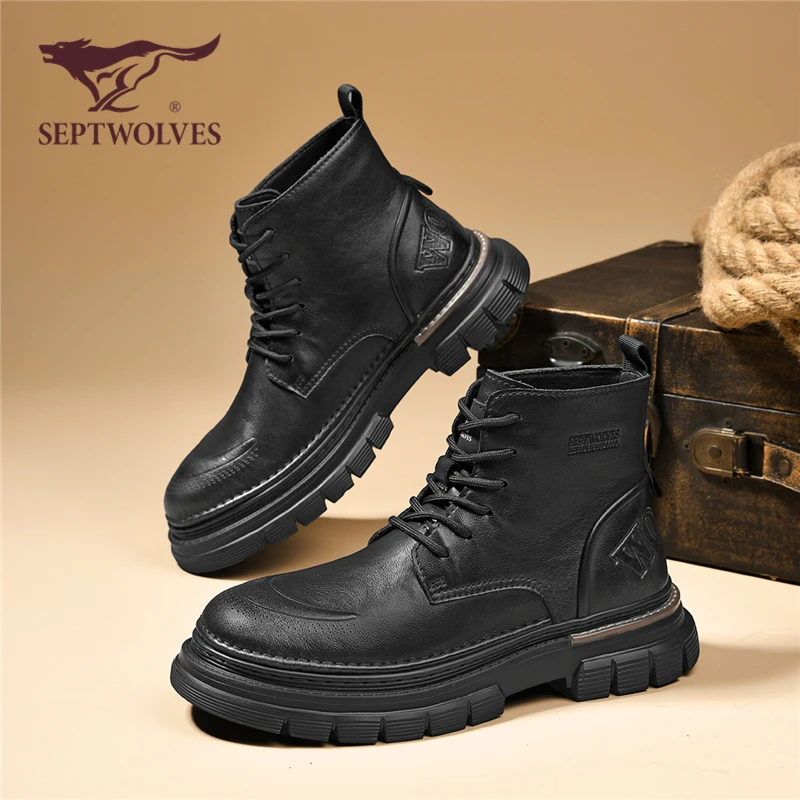七匹狼马丁靴2025年秋冬新款高帮英伦风休闲中帮皮鞋黑色工装0841
