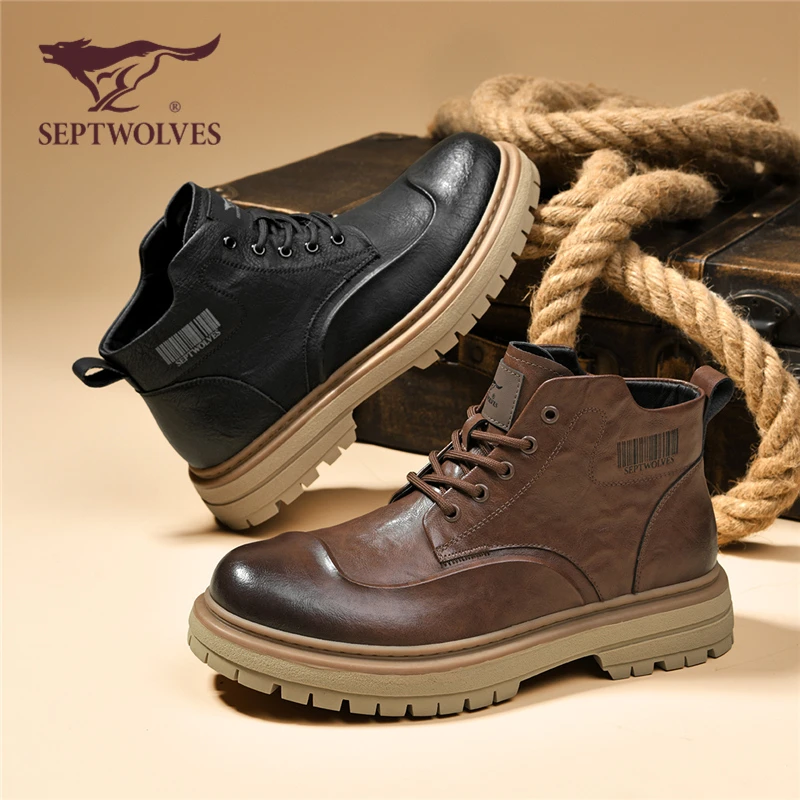 七匹狼时装靴男款秋冬2025新款男士厚底英伦高帮男鞋增高马丁靴