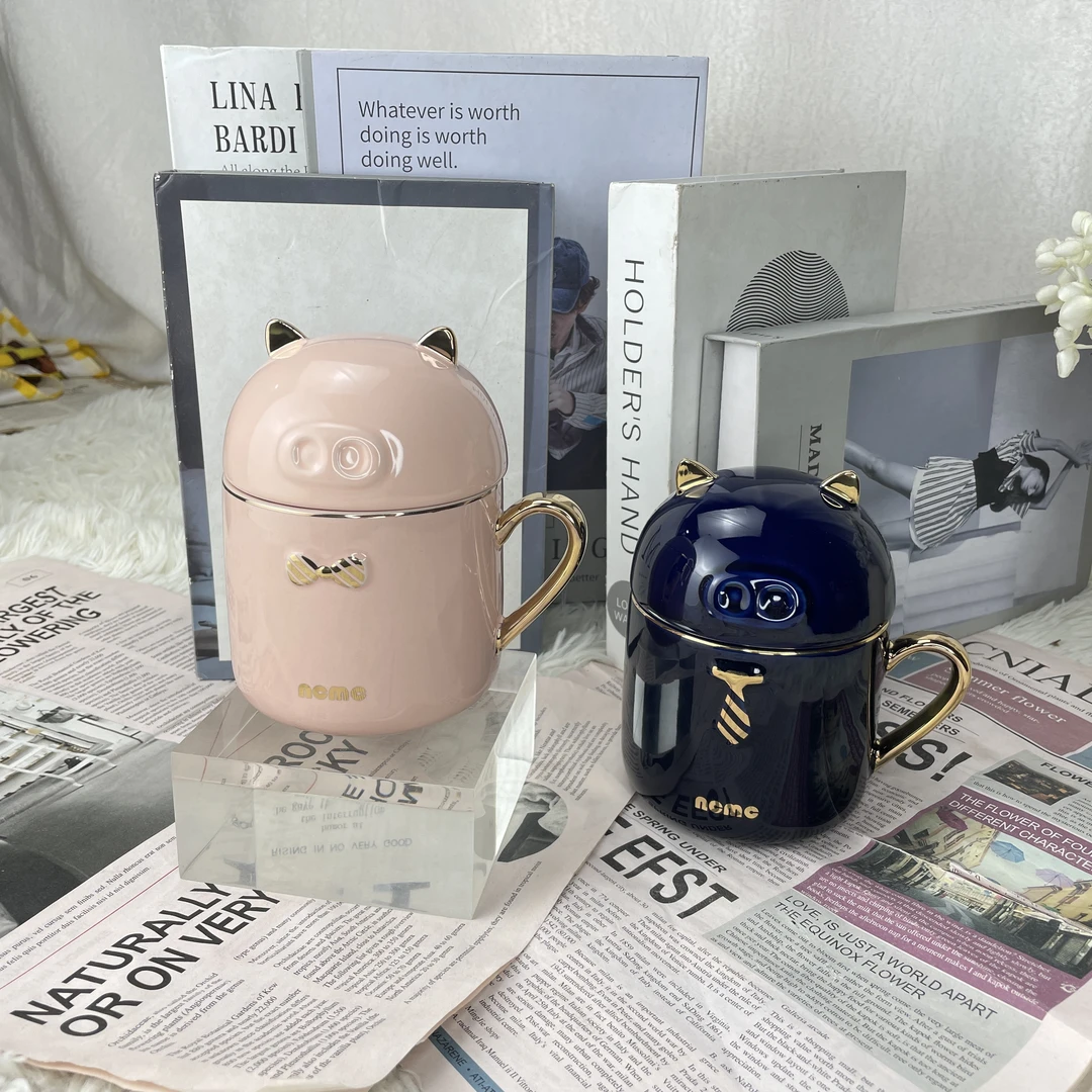 陶瓷欧式描金情侣对杯带盖猪杯瓷杯