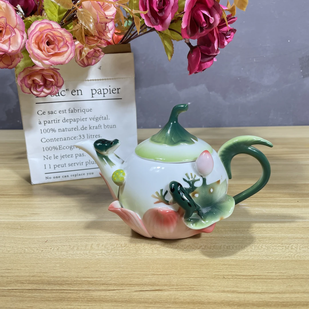 陶瓷中式创意个性浮雕手绘夏荷绿蛙茶壶