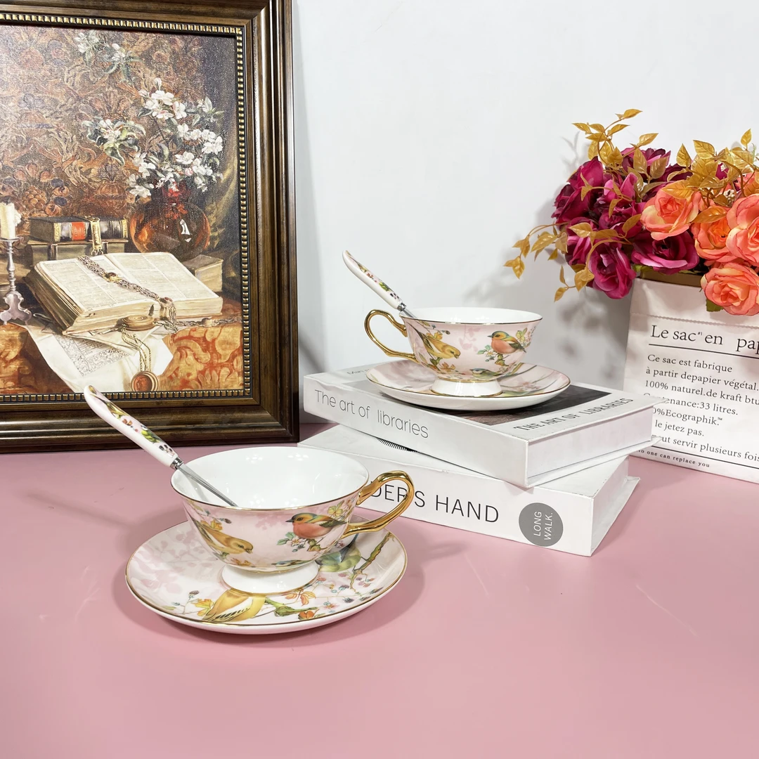 陶瓷中式春暖花开碟套装下午茶红茶杯瓷杯高骨瓷杯碟