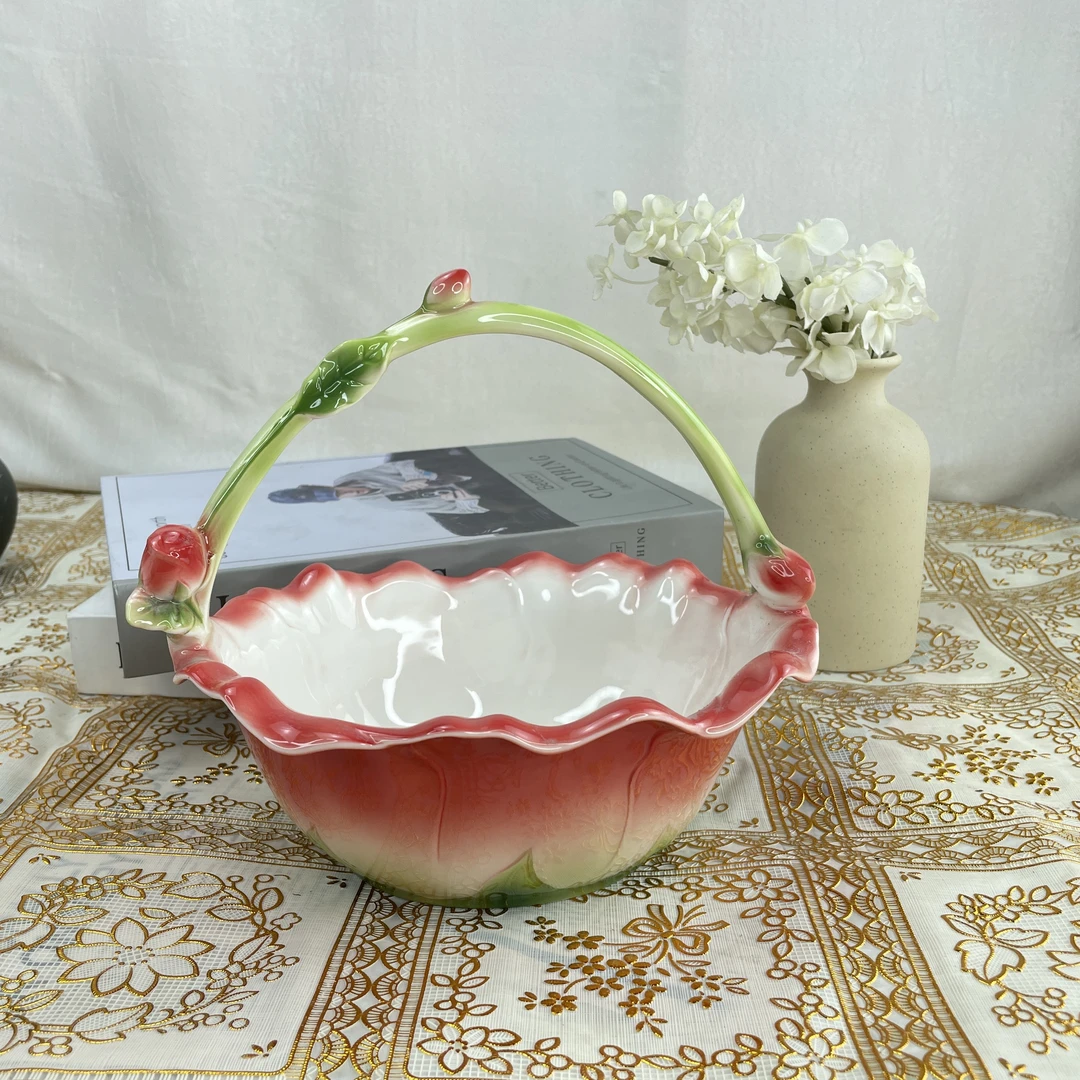 陶瓷中式浮雕玫瑰花花卉提篮果盘果篮