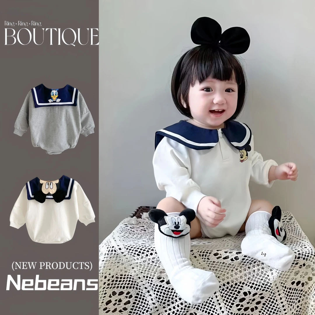 现货（限送袜子）海军领三角包屁衣 春秋潮款婴儿衣服萌娃