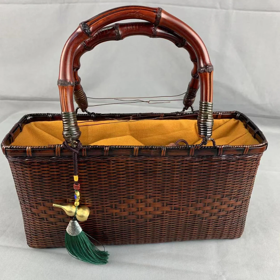 竹编精品女包/竹制长方形8花茶包/复古手工收纳包/做旧手提包