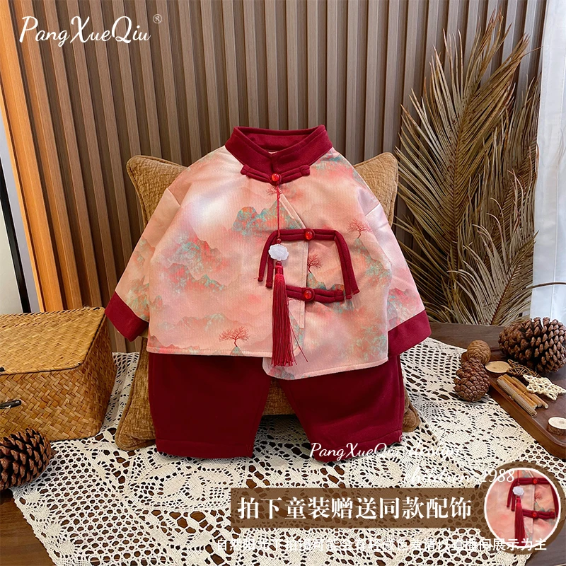 儿童加绒套装冬装2023新款男女宝宝加绒加厚中式喜庆拜年服两件套