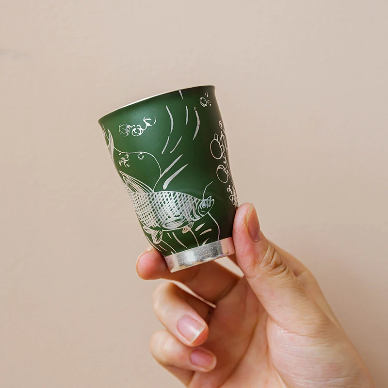 圣藏何赋森•绿水鬼竹节杯葫芦杯掐丝鱼藻纹主人杯高端茶杯