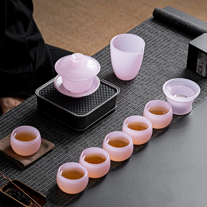 粉色琉璃玉瓷茶具套装简约家用办公送礼盖碗茶杯功夫泡茶会客小套