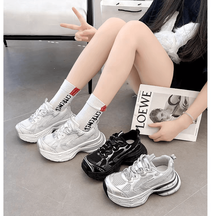 【新疆包邮】H-2老爹鞋女款网面透气休闲鞋银色厚底百搭运动跑步鞋